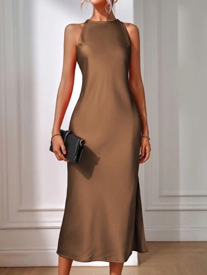 Italy Fashion Street - 2026 Women Elegant Satin Sleeveless Midi
