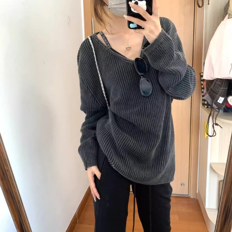 V-neck Washed Solid Color Casu - Street Fashion Winter 2025 ulasan dan harga