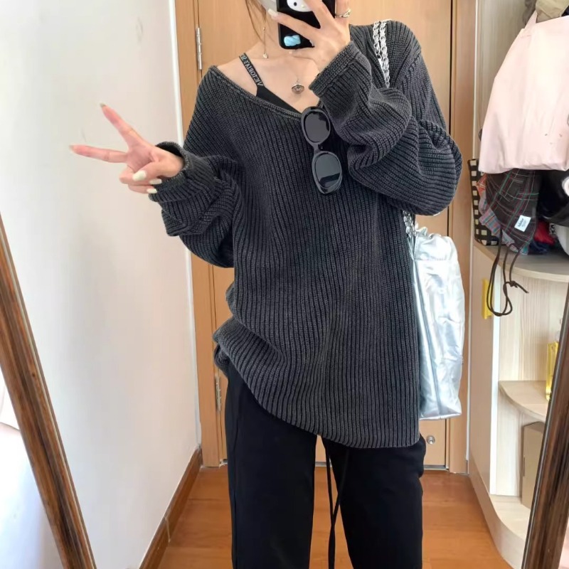 V-neck Washed Solid Color Casu - Street Fashion Winter 2025 ulasan dan harga