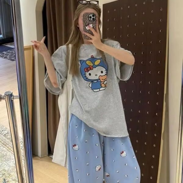 Short Sleeved Hello Kitty Prin - Street Fashion Tshirt ulasan dan harga