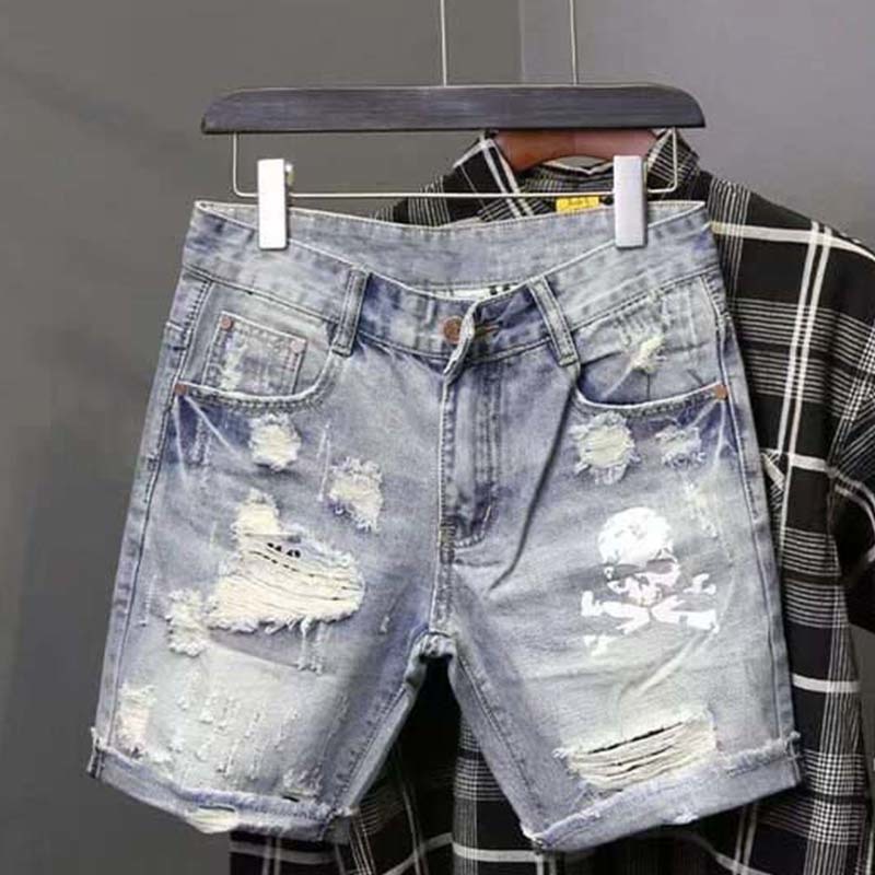 Summer Men's Worn Bead Hole Be - Street Fashion Jeans ulasan dan harga