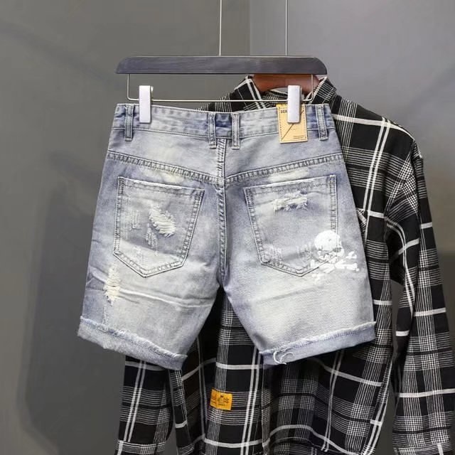 Summer Men's Worn Bead Hole Be - Street Fashion Jeans ulasan dan harga
